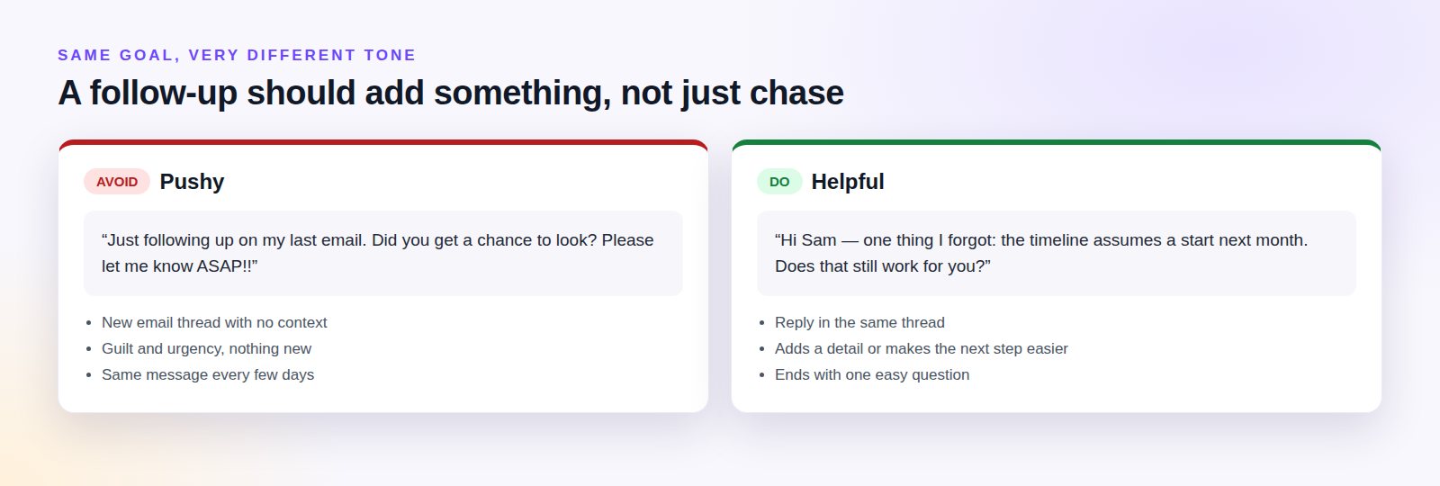 Comparison of a pushy follow-up and a helpful follow-up that adds a detail and asks one easy question